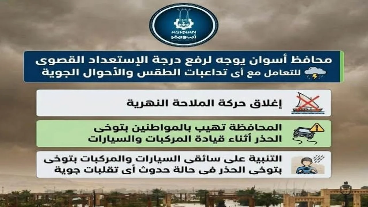 أسوان توقف الملاحة النهرية وتطالب المواطنين بتوخي الحذر بسبب سوء الأحوال الجوية